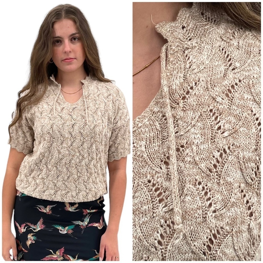 Vintage 70s/80s Short Sleeve Sweater Open Weave Design Neutral Beige Made in USA